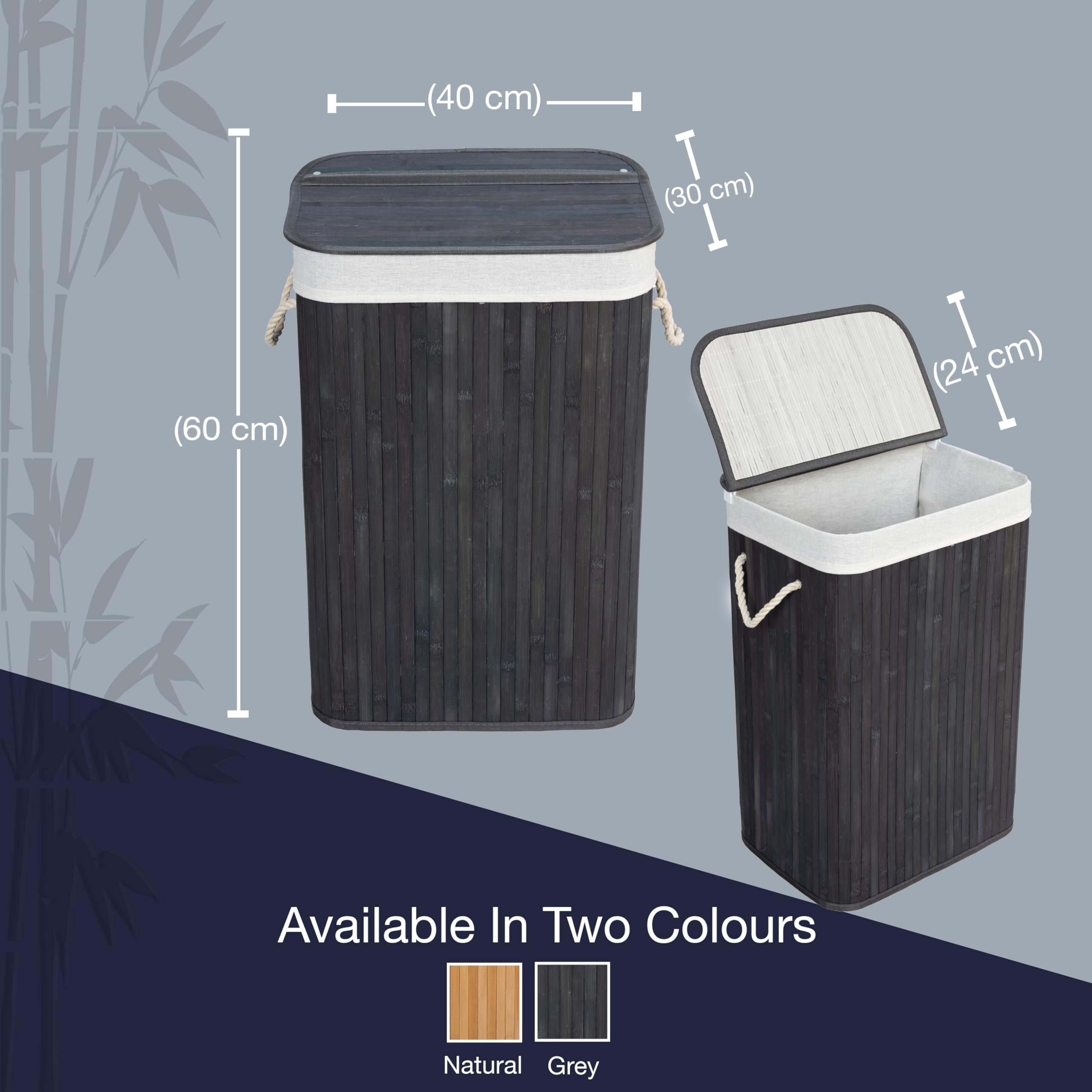 Bamboo Laundry Basket, 72L Laundry Hamper with Removeable Washable Lining, Easy Assemble Easy Folding Storage Bin 40x30x60 cm (Grey) - Image 2