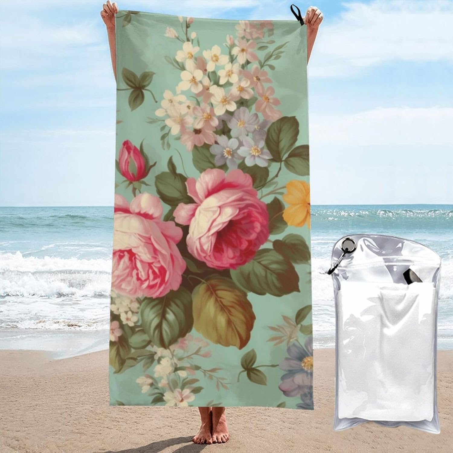 KHiry Microfiber Towel Beach Towels Vintage Floral Flowers Quick Dry Towel Soft Lightweight Travel Towels Absorbent Large Easy Pack Travel Things Beach Blanket for Gym Sports Swimming