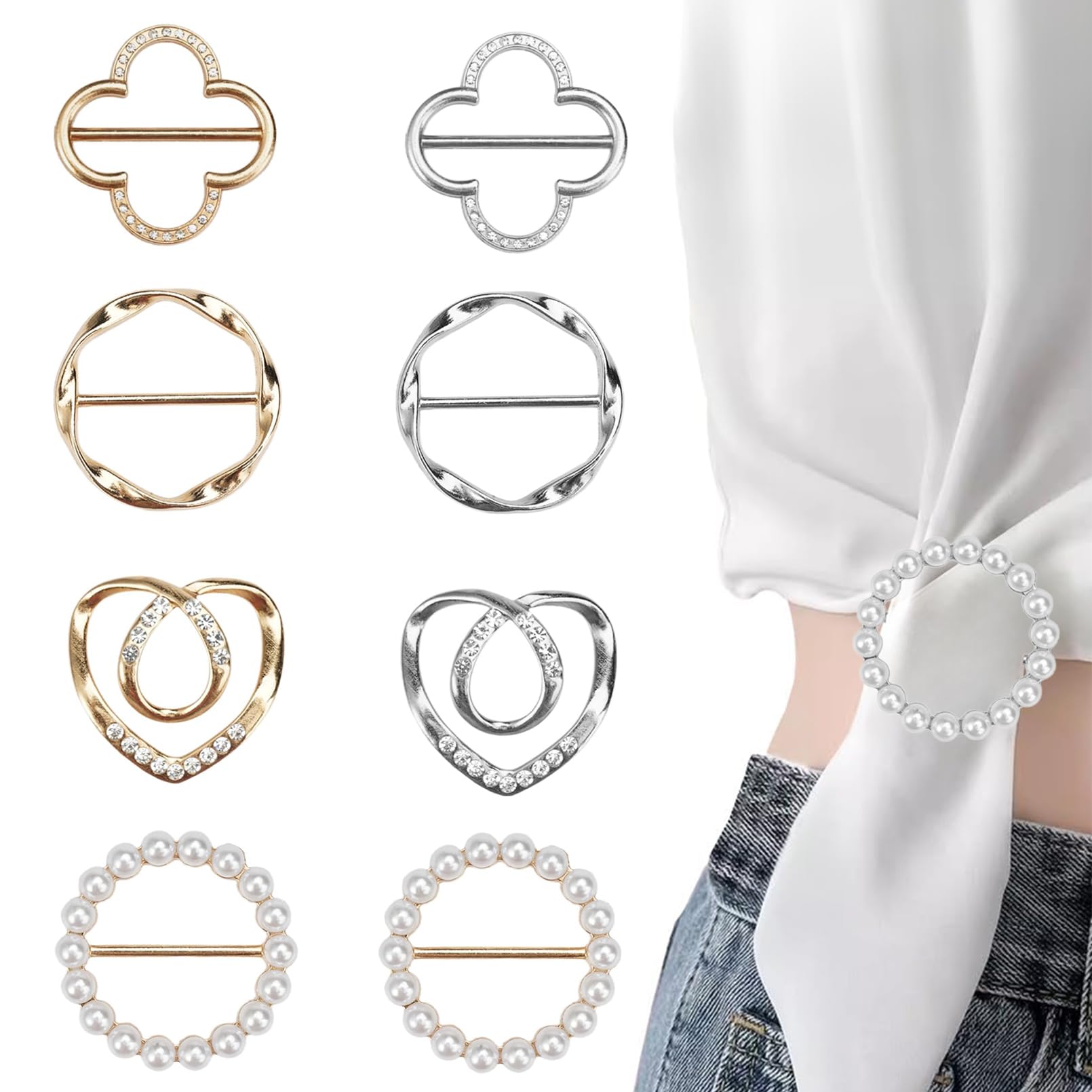 4 Anelli Per Sciarpa In Lega Dorata - Set Con Forme Cuore, Ovale, Perlato E Cerchio - Fermasciarpa E Clip Per Camicia Multiuso - 4