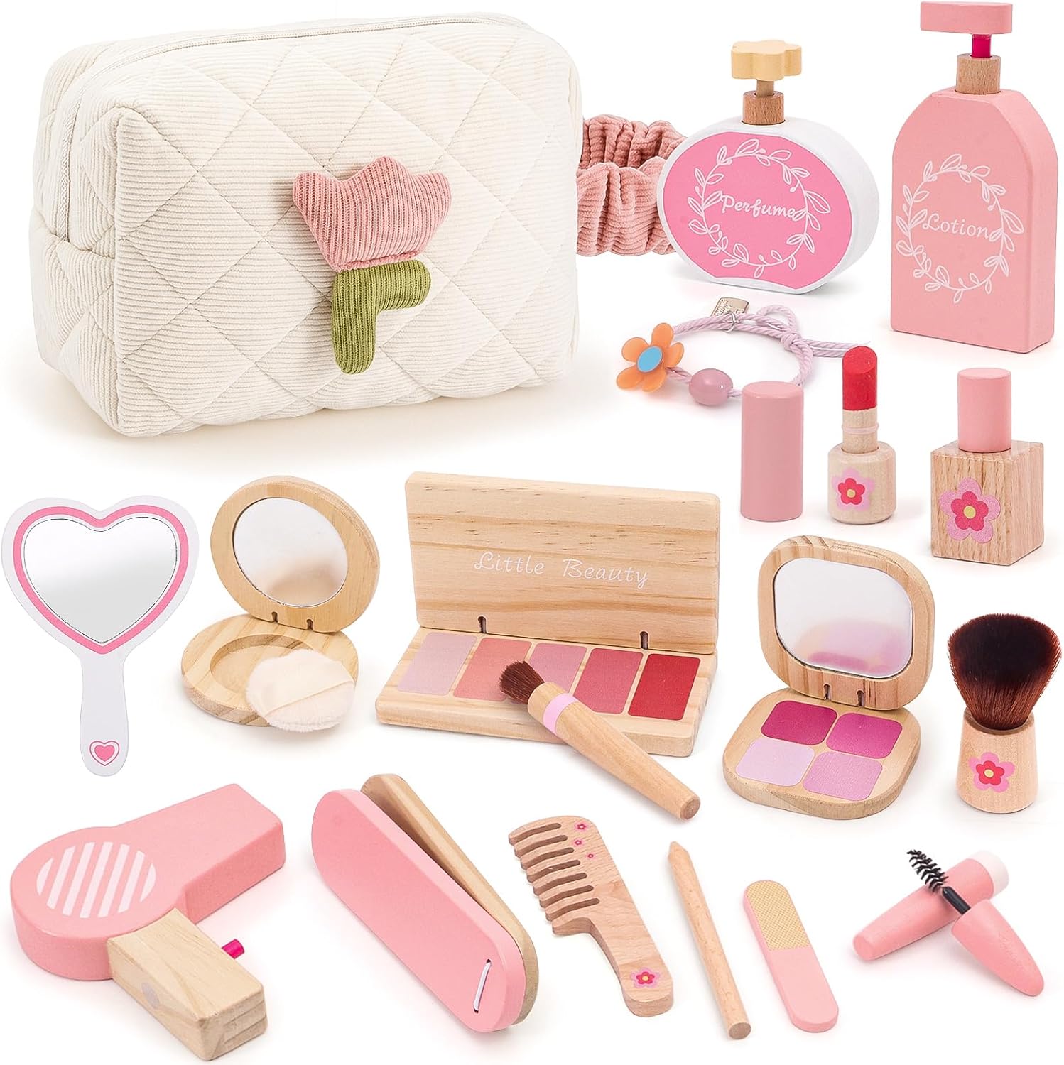 Wooden Makeup Toy Set for Girls Pretend Play Makeup Kit for Toddlers 3-5 with Bag, Birthday Gifts for Girls Toys Kids Aged 3 4 5 6 7 8