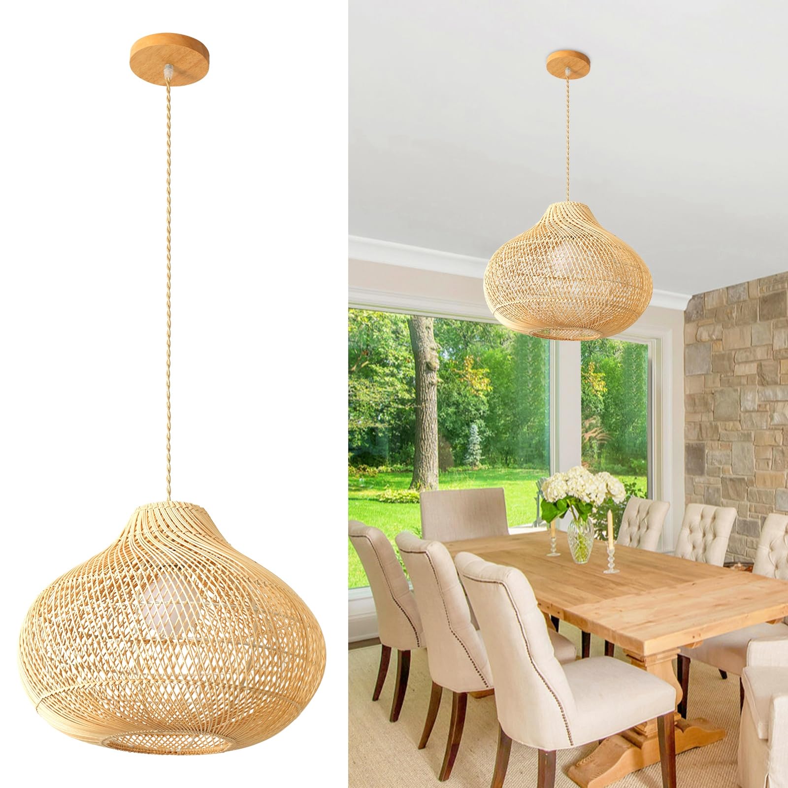 WTYUIO Rattan Pendant Lights, Rustic Boho Rattan Chandelier, 15.74 Inch Farmhouse Basket Wicker Pendant Light Fixtures, Hand Woven Hanging Ceiling Light for Dining Table Kitchen Island Restaurant