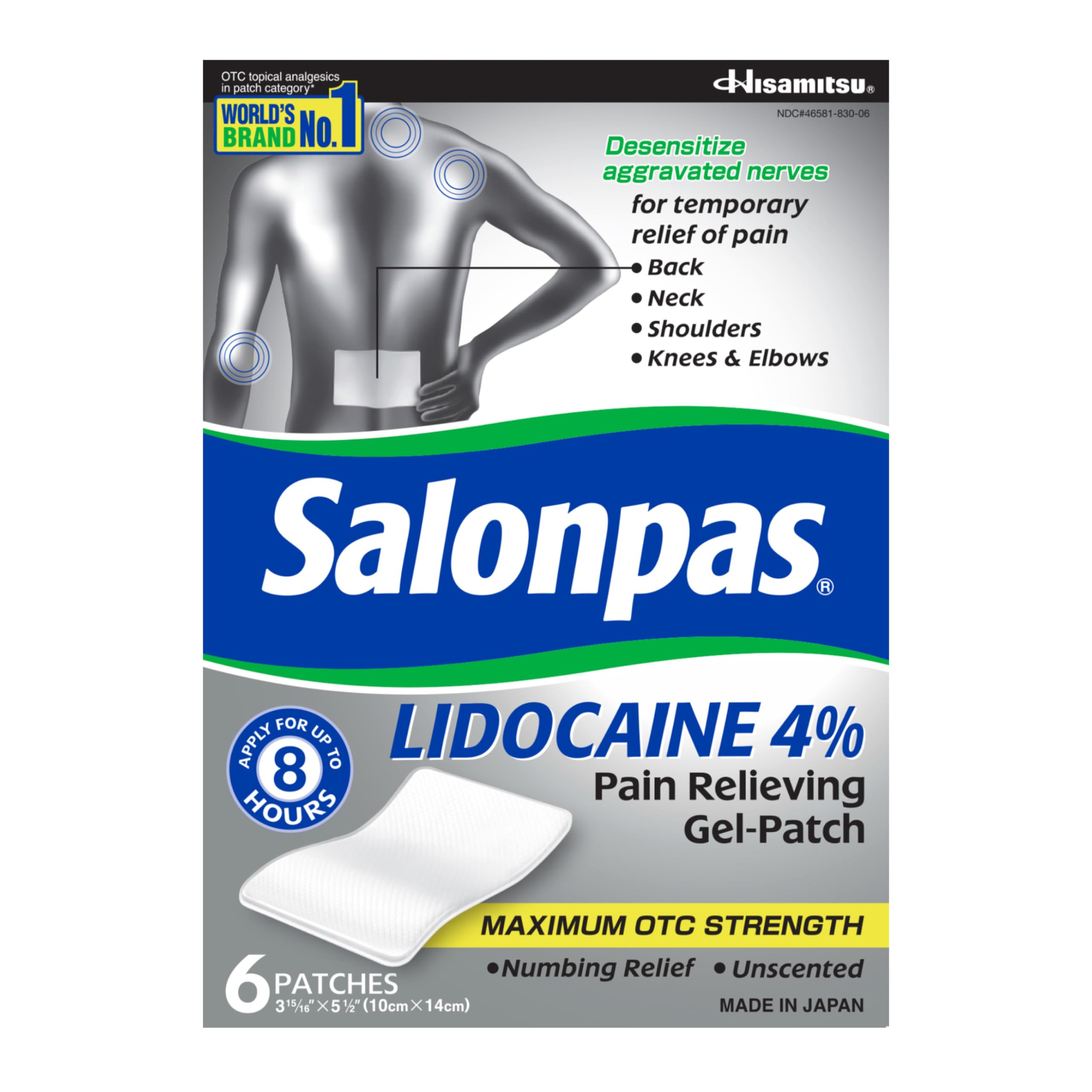 Salonpas Lidokaín 4% bolesť Relieving Gel-Patch, 6 Počet, pre chrbát, krk, plece, koleno a lakť bolesť