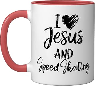 I Love Jesus And Speed Skating Christian Religious Ceramic Mug, Red/White