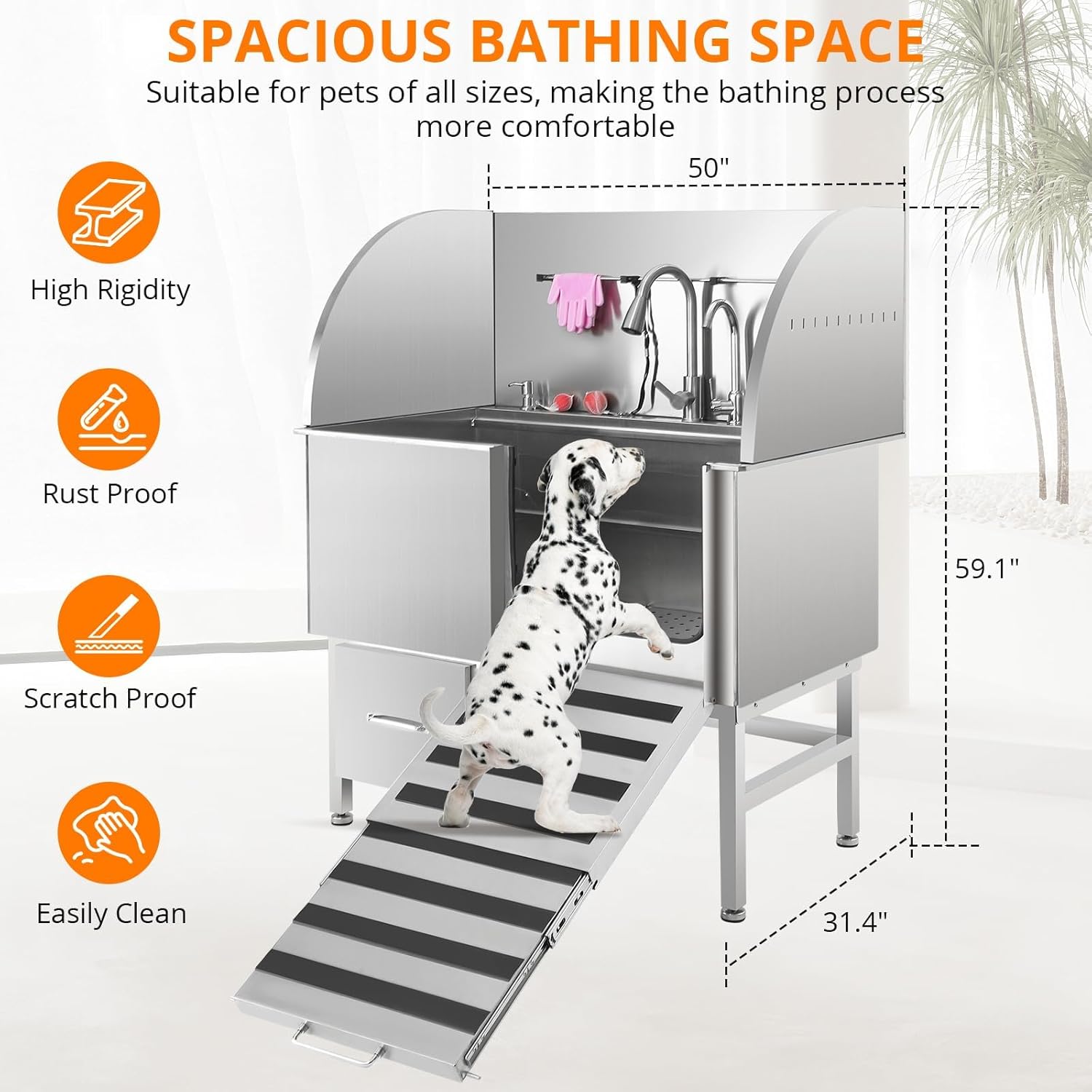 Dog Washing Station, 3” Stainless Steel Grooming Tub with Foldable Anti-Slip Ramp, Adjustable Height Grate, Pull-Out Shower & Large Storage Drawer for Large, Medium and Small Pets, Right Door