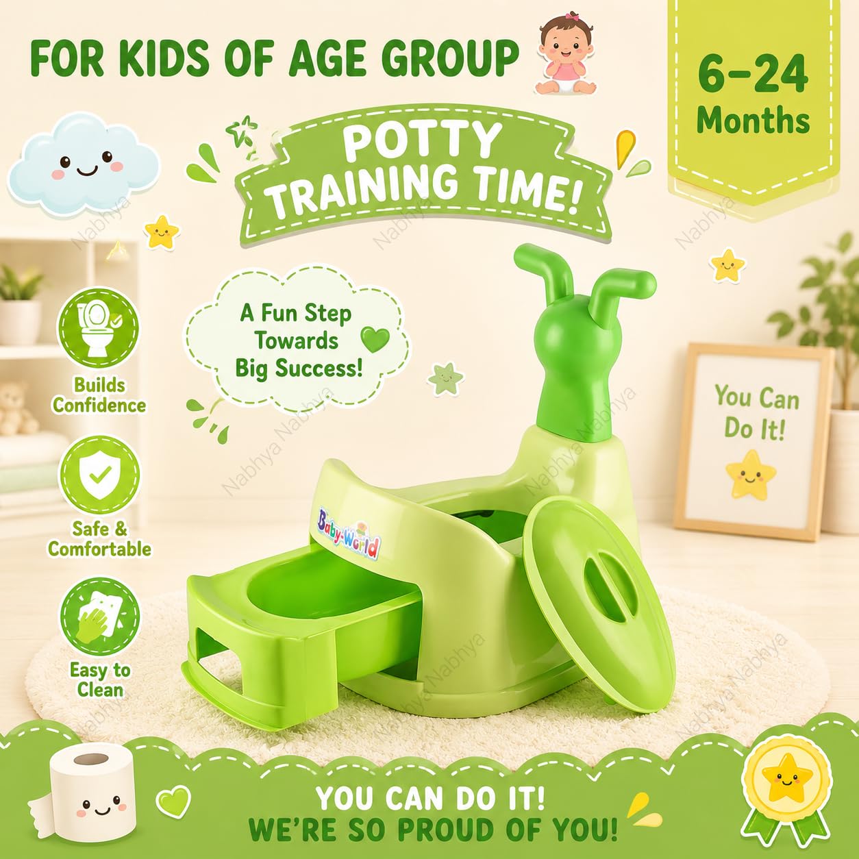 Nabhya Plastic Toilet Trainer Baby Potty Seat Cartoon Face with Removable Tray & Closing Lid (Green) Pack of 1 3