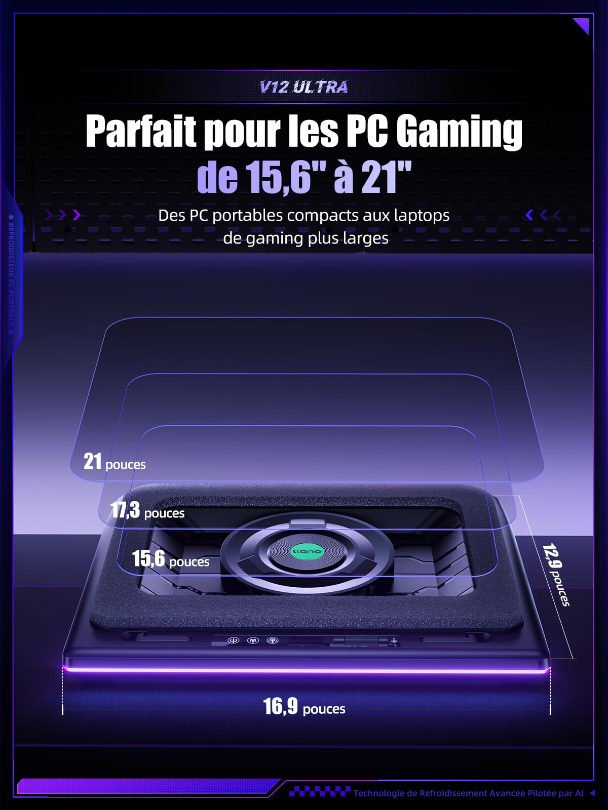 llano V12 Ultra Refroidisseur d'Ordinateur Portable 5,5 Pouces 3 Ports USB 3.0 15,6-19 Pouces