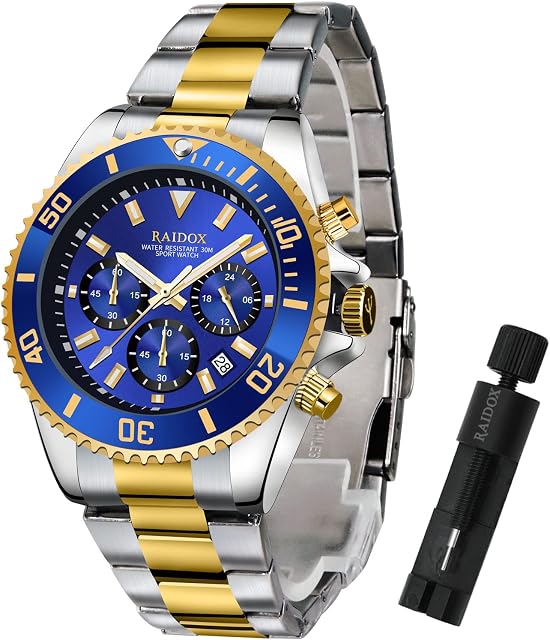 RAIDOX Wrist Watch for Men Neutra Analog Chronograph Quartz Watch Show Date Stainless Steel Strap, Formal and Casual Mens Watches Waterproof Anti-Rust, with Watch Link Removal Tool and Gift Box