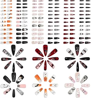 6 Packs (144 PCS) Halloween Press on Nails Medium Square, Long Stiletto Glitter Press on Nails with Pumpkins Ghost & Spider Web Blood Plasma Design Stick on Fake Nails for Women - 12 Sizes, 6 Styles