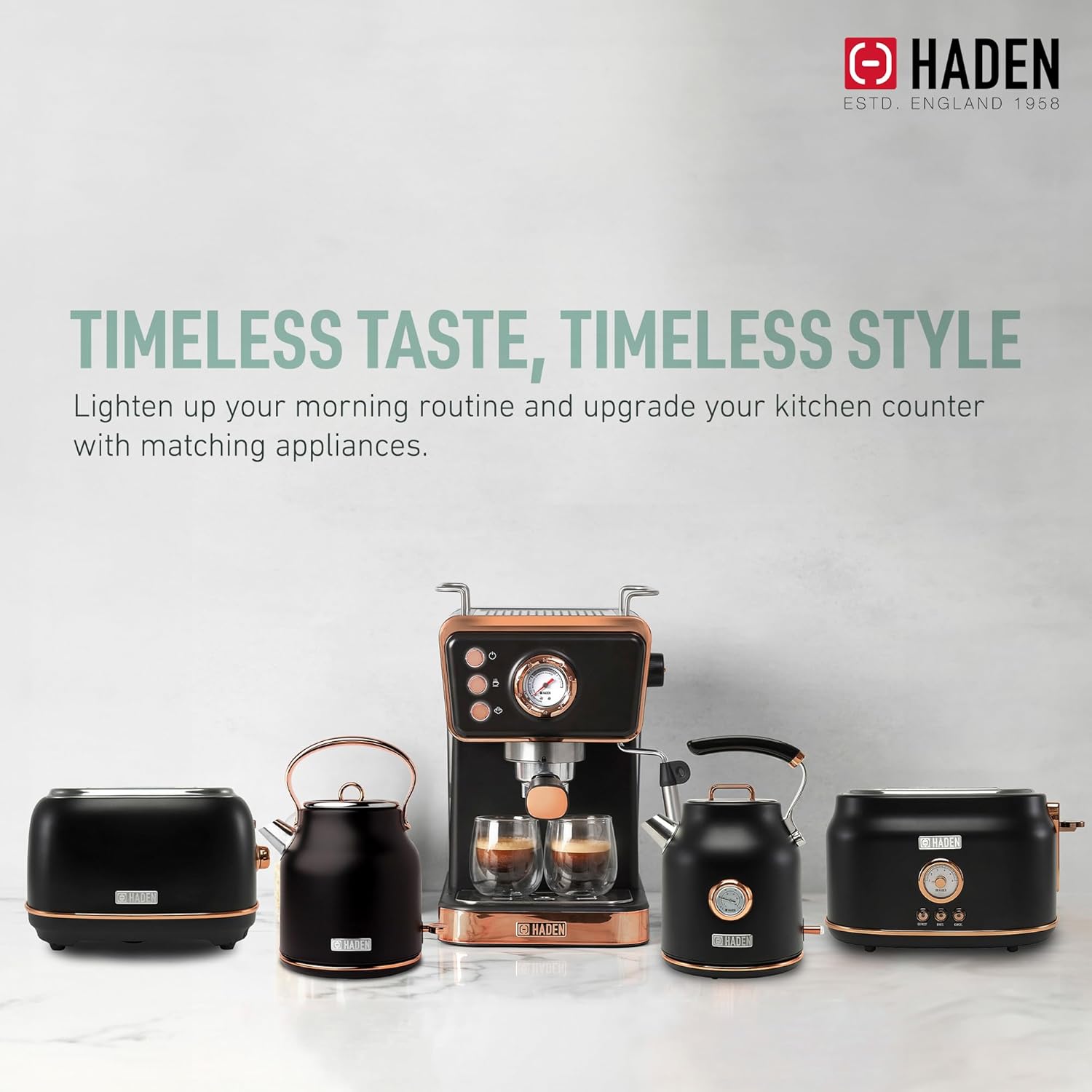 HADEN Barista Brew Espresso Coffee Machine, Stainless Steel Espresso Maker with Milk Frother and Steamer Function and 1.5L Water Tank, Black & Copper