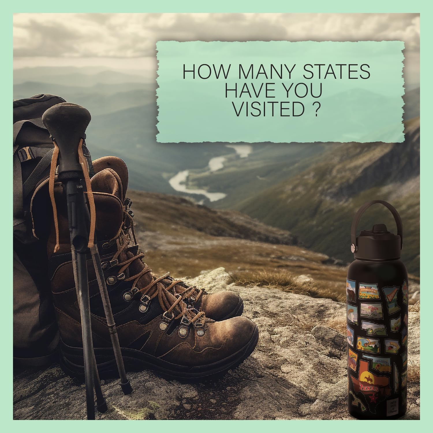 United States Map Water Bottle With Waterproof Stickers Wrap Around- Stainless Steel Insulated Vacuum Sealed 32 oz With Leak Proof Lid (United States Map BLACK) - Image 6