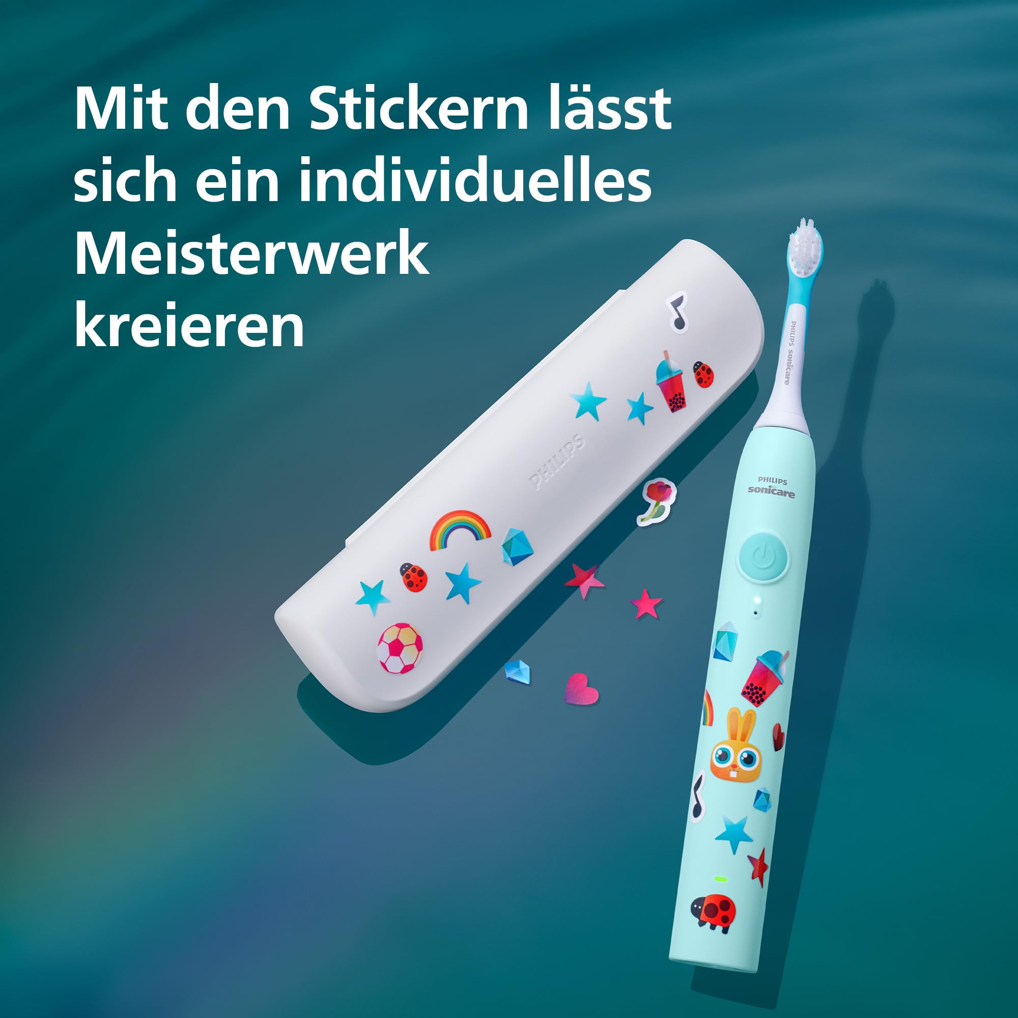 Philips Sonicare for Kids elektrische Kinderzahnbürste - Schallzahnbürste für Kinder ab 3 Jahren, 2 sanfte Putzprogramme, 2-Minuten-Timer, 2 Mini Bürstenköpfe, Blaugrün, Modell HX6500/23