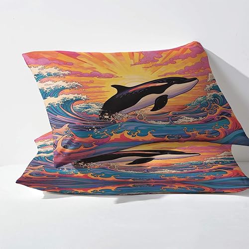 Miniatura 3 de Juego de sábanas de 4 piezas con diseño de animales del océano de olas y fundas de almohada, tamaño Queen, sábana bajera ajustable de microfibra