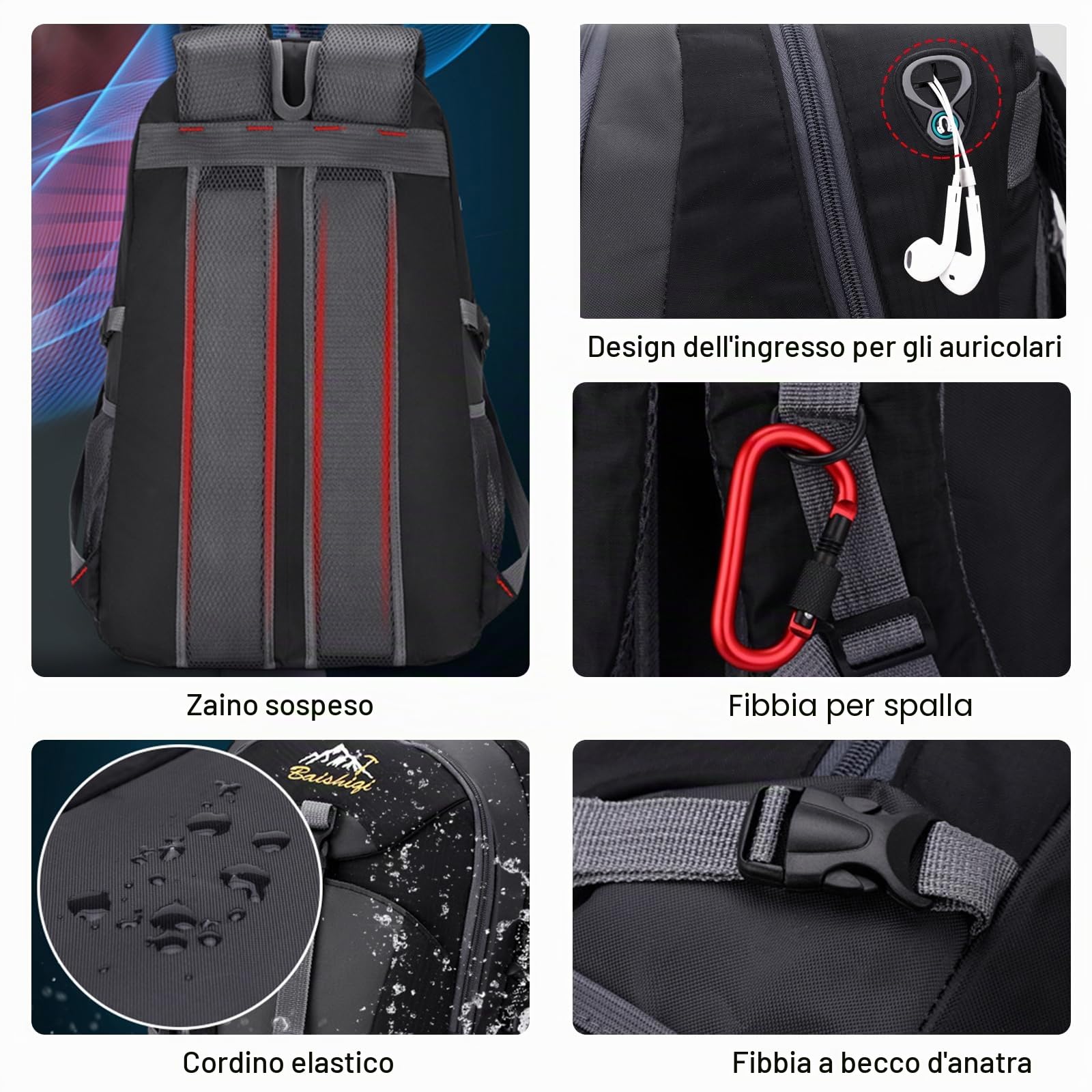 Zaino da Trekking Zaino Impermeabile 40L Zaini con Foro per Auricolare Hiking Backpack per Donna Uomo Campeggio Arrampicata Viaggio Sport Rosso Rosa