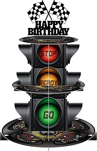 Soporte redondo de 3 niveles para cupcakes con tema de luz de señal, soporte para postres con temática de coche, decoración de fiesta de cumpleaños