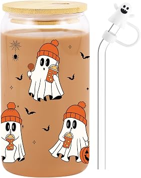 Halloween Glass Cup, 16 Oz Ghost Cup with Straw Topper, Boo Basket Stuffers