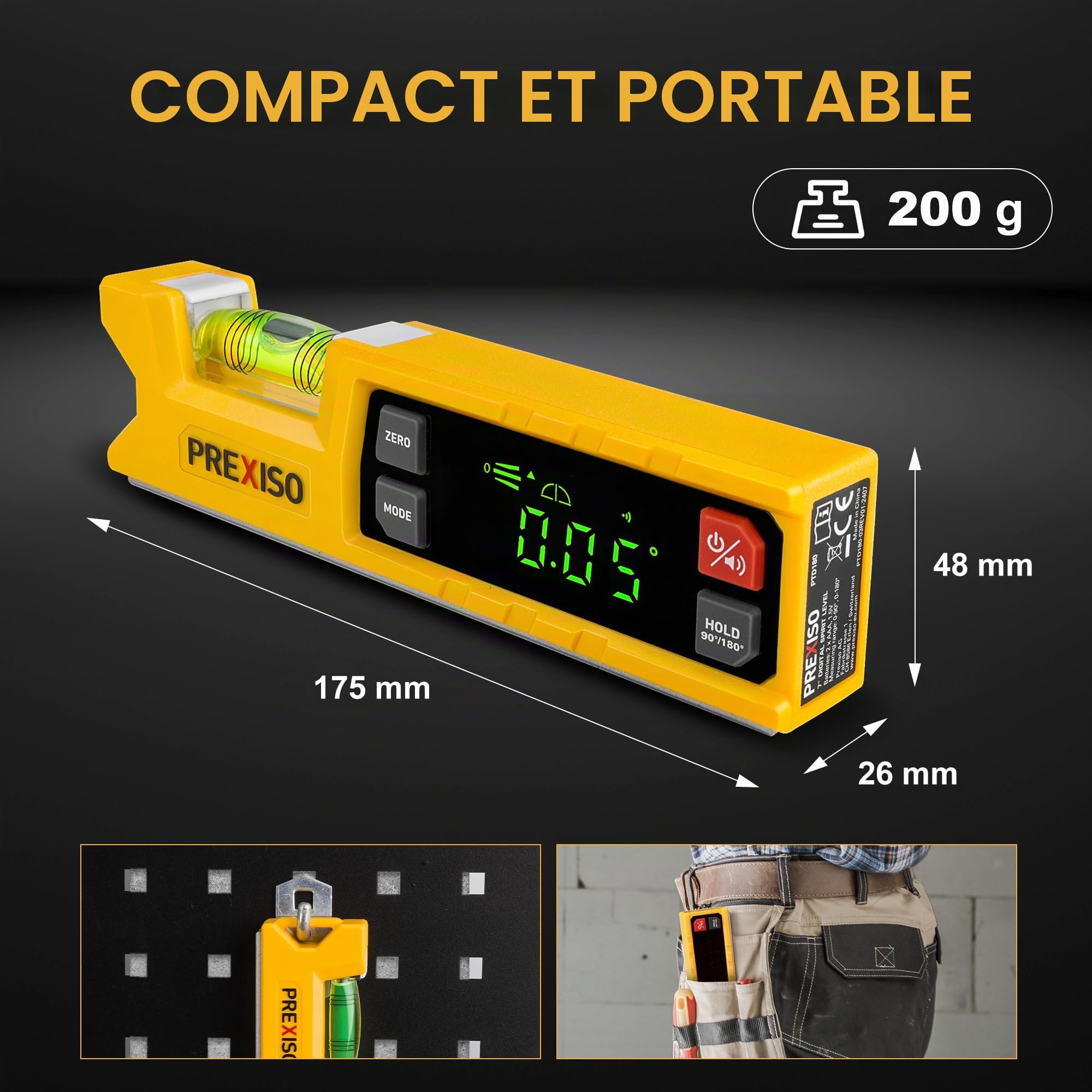 PREXISO Niveau à Bulle Numérique Rapporteur Digital 175 mm, Inclinomètre Électronique avec Base Magnétique et Indicateur Audio pour Menuiserie, Construction et Domestique