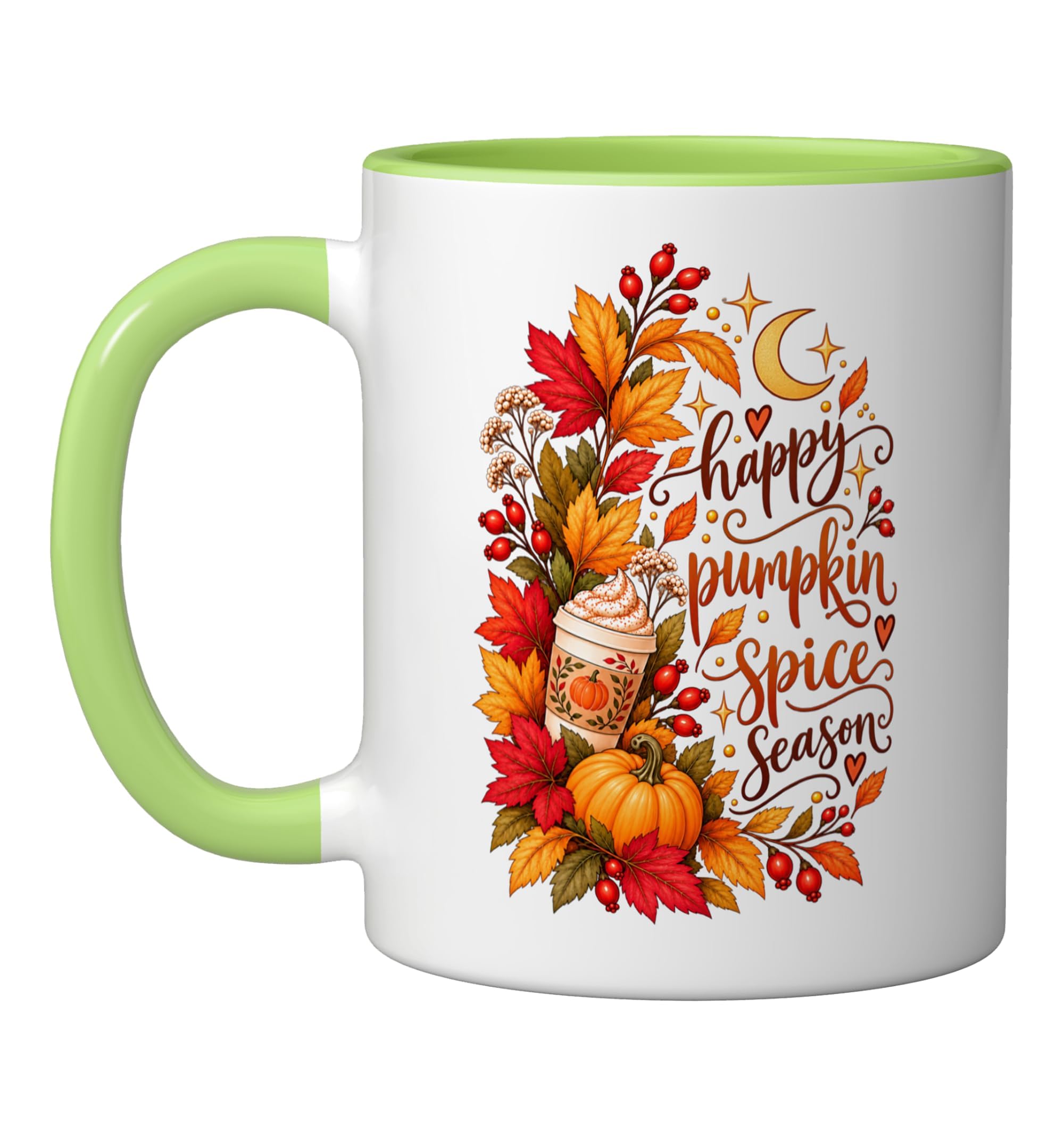 Happy Pumpkin Spice Season Vintage Autumn Coffee Floral Art Ceramic Mug, Light Green/Whit…