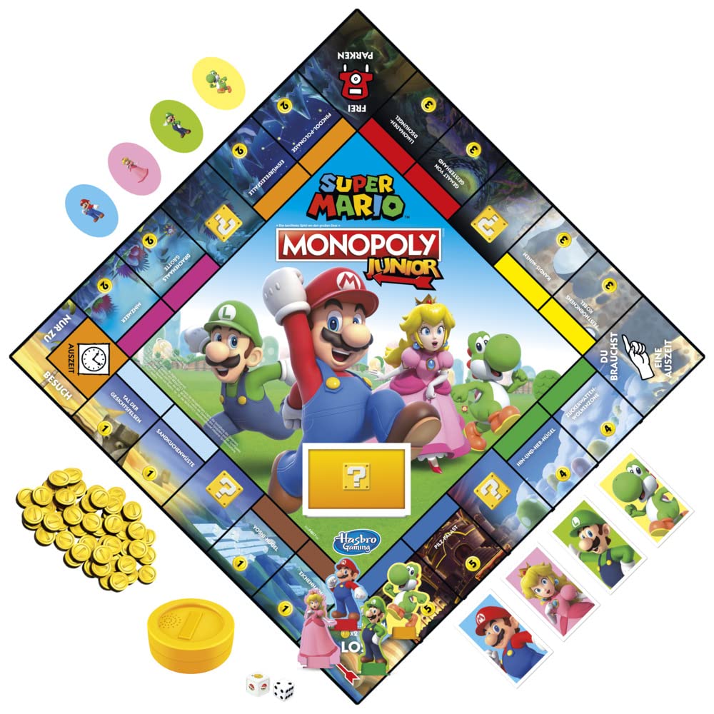 Hasbro Monopoly Junior Super Mario Edition Gioco da tavolo, Gioca nel Regno dei Funghi come Mario, Peach, Yoshi o Luigi, dai 5 anni in su, Versione Tedesca