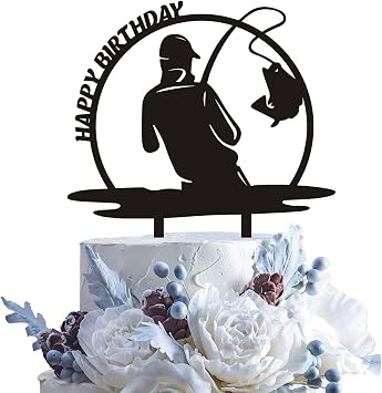 Funny Fishing Happy Birthday Cake Topper - Fisherman Party Decorations for Boys and Girls - Outdoor Gone Fishing Themed Party Supplies