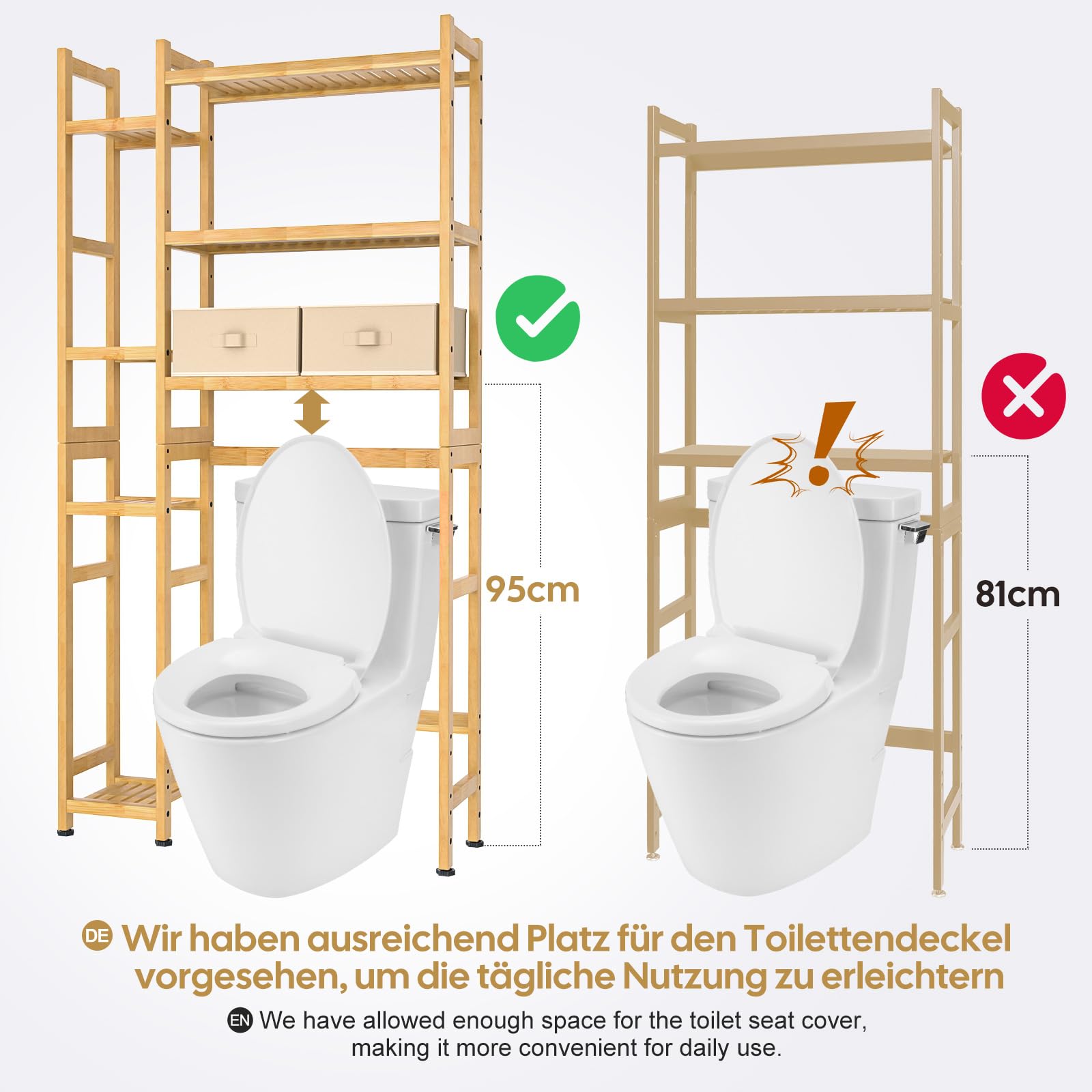 Yorbay Estantería para inodoro con 2 cestas, estantería de baño de bambú, 3 niveles ajustable, con almohadilla impermeable para los pies, multifuncional, ahorra espacio, fácil montaje (natural)