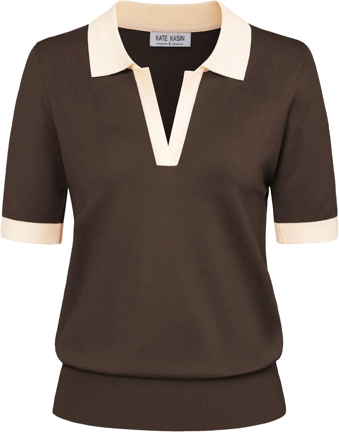 Kate Kasin Women Short Sleeve Polo Sweater V Neck Knitted Tops Casual Ribbed Shirt Loose Pullover Sweater