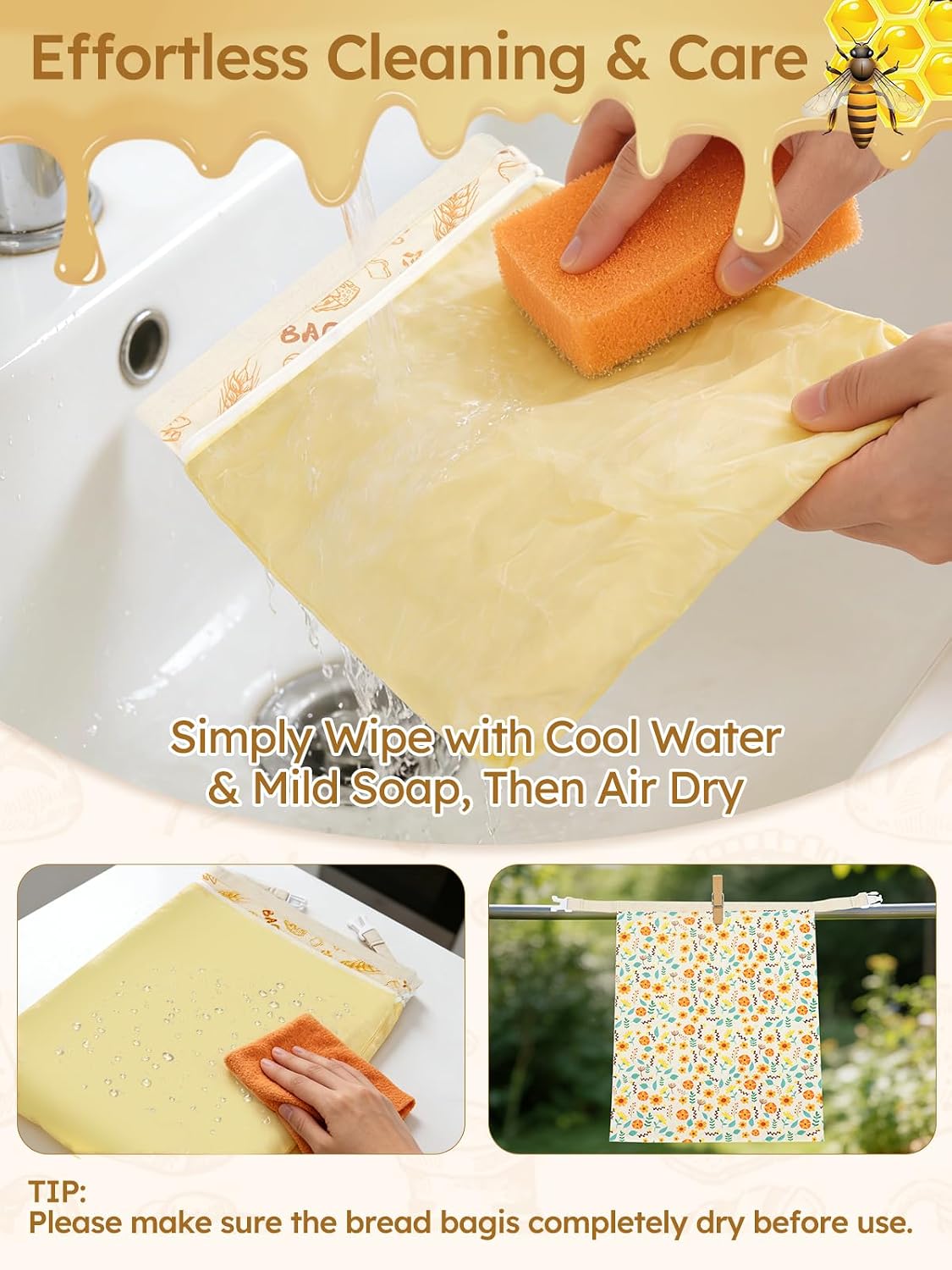 Cirhy Beeswax Bread Bags 2 Pack, 13 x 17 Inch Reusable Cotton Bread Bags for Homemade & Sourdough Bread,Natural Beeswax Lined Bread Storage Bags with Zipper Closure to Keep Fresh