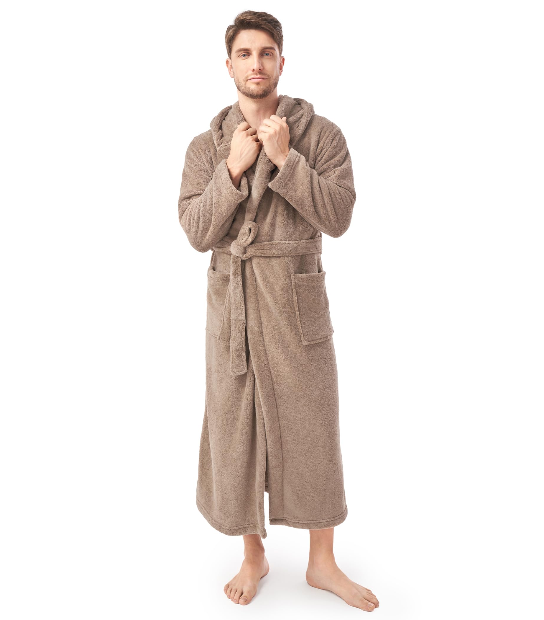 DAVID ARCHY Men's Hooded Robe Soft Coral Fleece Microfiber Bathrobe