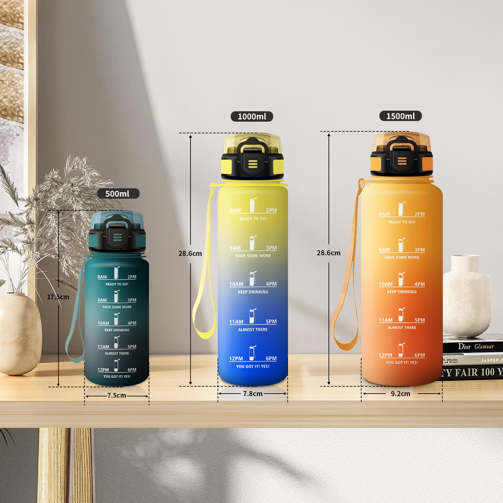 Borraccia 1L, Bottiglia Sportiva con Cannuccia, a Prova di Perdite, Bottiglia Acqua Sportiva con Indicatore del Tempo, Motivazionale Borraccia per Yoga, Escursionismo, Campeggio, Ciclismo, Lavoro