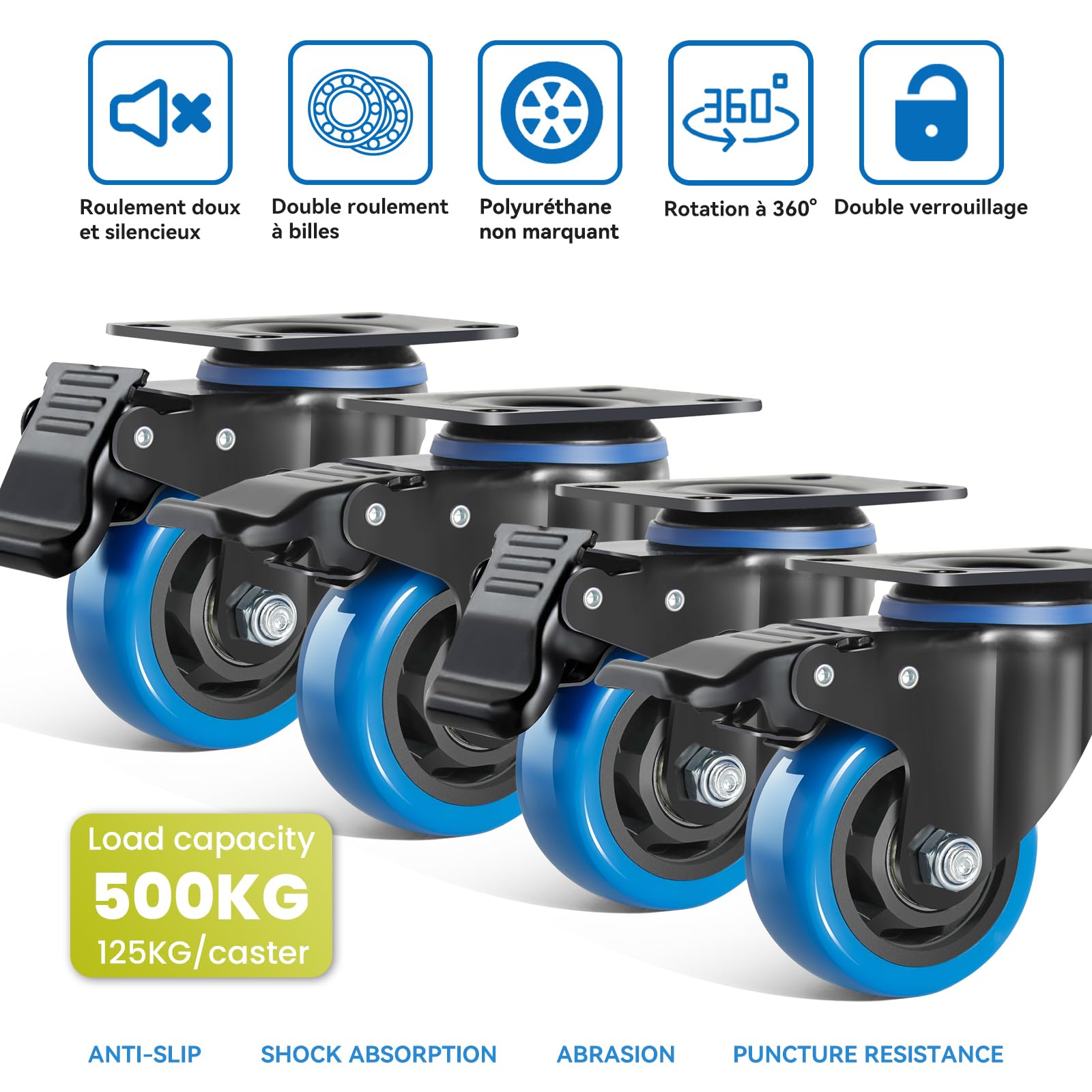 Lot de 4 Roulettes Pivotantes Bleues 75mm avec Frein - Charge Lourde 500KG, Rotation à 360 Degrés pour Meubles, Chariots et Établis