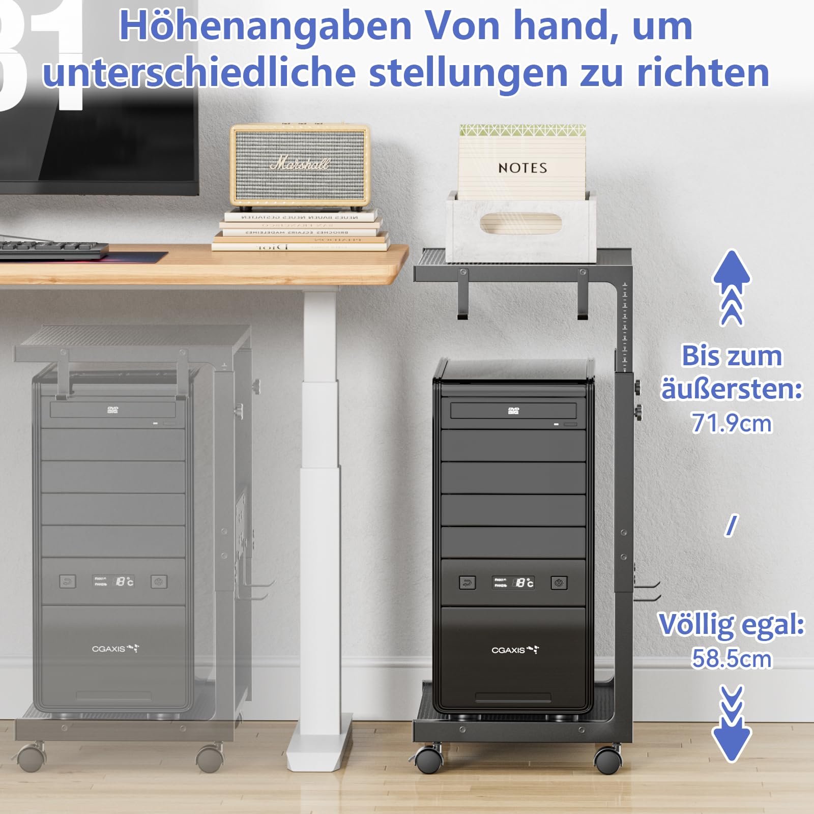 Computer Tower Ständer - Höhenverstellbarer PC Tower Ständer Gehäuse Halterung CPU Halter Wagen mit Rollen und 4 Haken für Home Office und Klassenzimmer, 58.5-71.9cm (H), Schwarz
