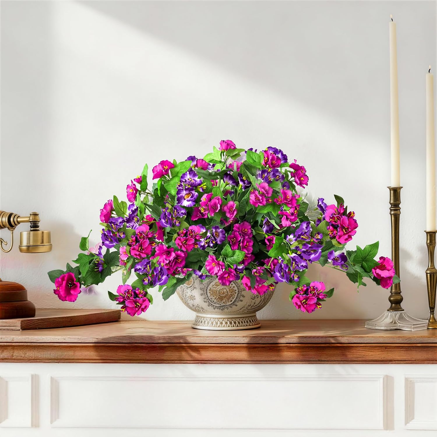 Kingsboomy Artificial Flowers for Outdoors 2pcs UV Resistant Plastic Leaves, Faux Flowers for Outdoor Planters, Silk Flowers for Outside Garden Porch Window Patio Home Decor (Purple Fuchsia Hibiscus)