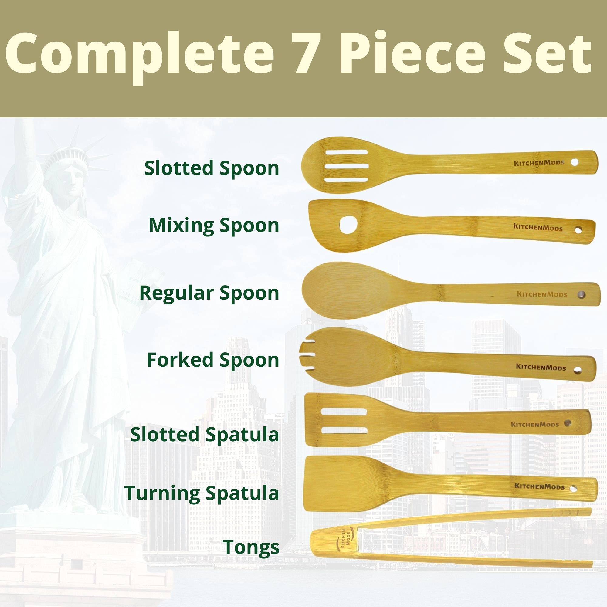 KitchenMods Wooden Spoons For Cooking - 7 Piece Bamboo Kitchen Utensils Set Wood Spoons Wood Spatula Wooden Utensil Home Essentials