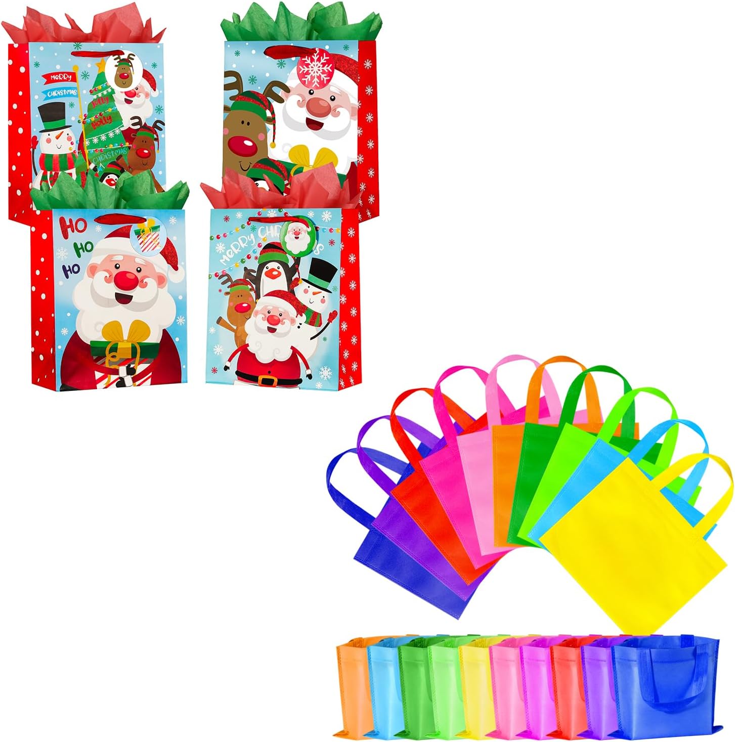 30 Pack Small Non Woven Party Favor Bags and 12 Pack Large Christmas Gift Bags with Tissue paper for Christmas Party, Wedding, Birthday, Party Supplies