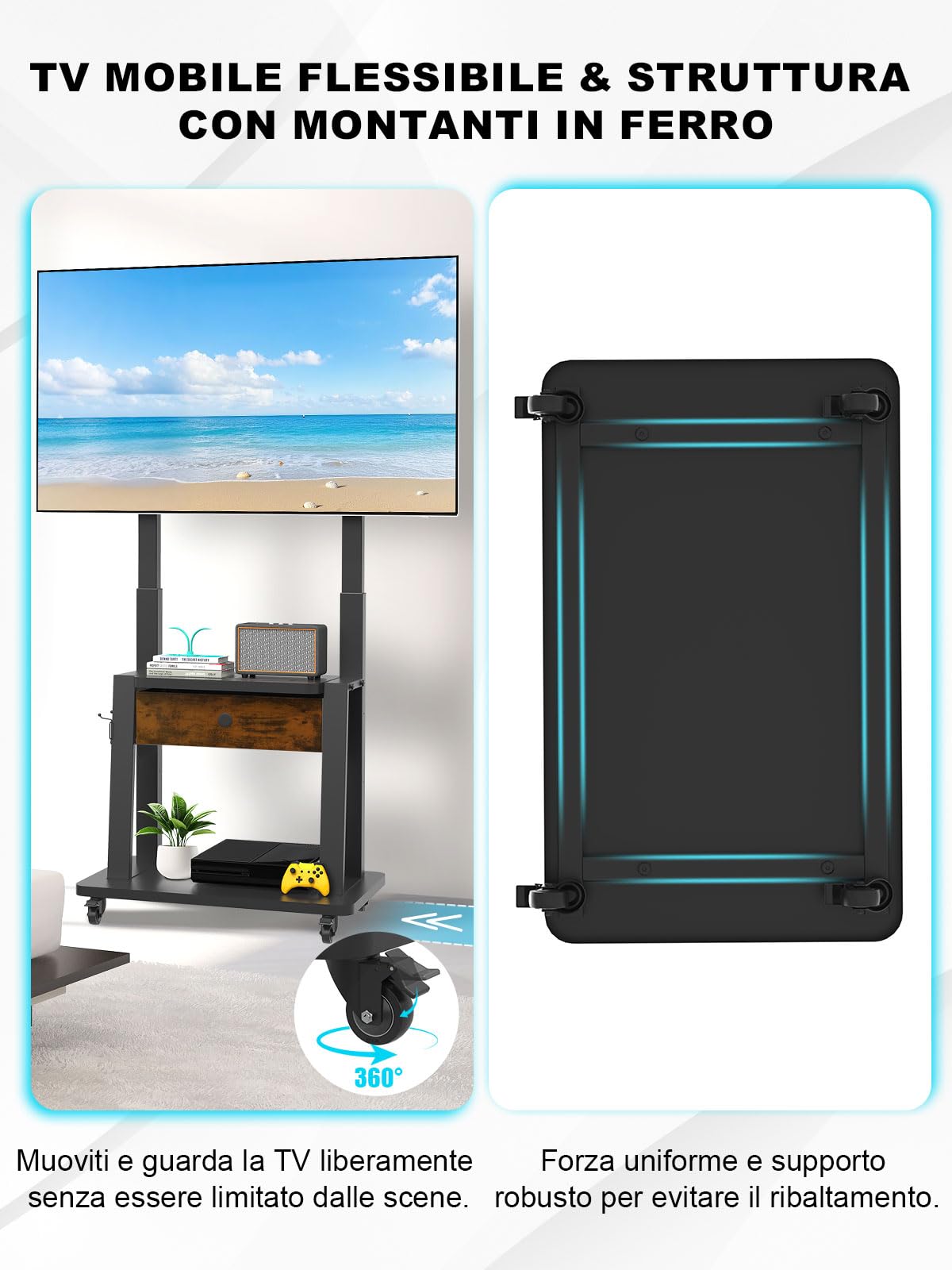 Supporto TV con cassetto in tessuto, per schermo piatto/curvo da 32-75 pollici, fino a 200 libbre LCD/LED/OLED, carrello per TV mobile con ruote per casa ufficio all'aperto Max VESA 600 x 400 mm
