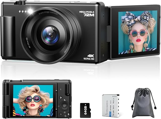 4K Digital Cameras for Photography, Compact Vlogging Camera with Flip Screen, 18X Digital Zoom YouTube Camera, Ideal for Bignners Boys Girls Black