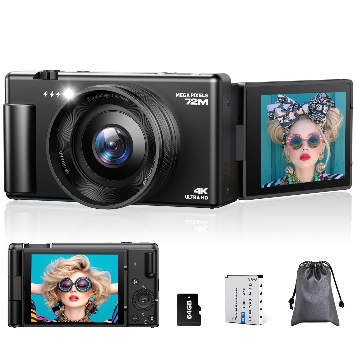 4K Digital Cameras for Photography, Compact Vlogging Camera with Flip Screen, 18X Digital Zoom YouTube Camera, Ideal for Bignners Boys Girls Black-image-35