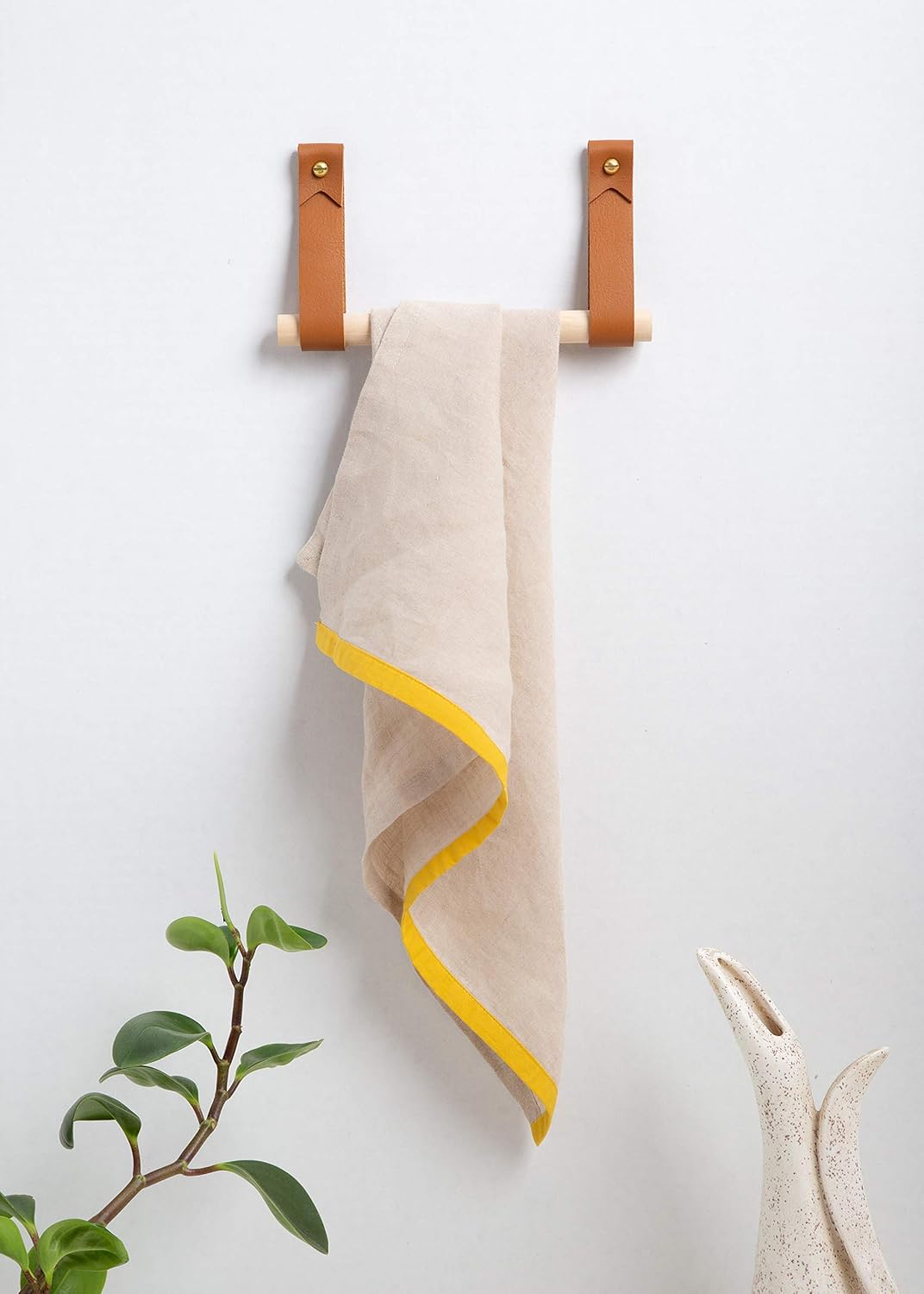KEYAIIRA - Leather & Wood Hand Towel Rail Kit, Towel Holder Bathroom, Kitchen, RV, Kit Includes Leather Strap Hook, Walnut or Birch Dowel, Gold/Brass Hardware, Simple Design, Small Space Organization