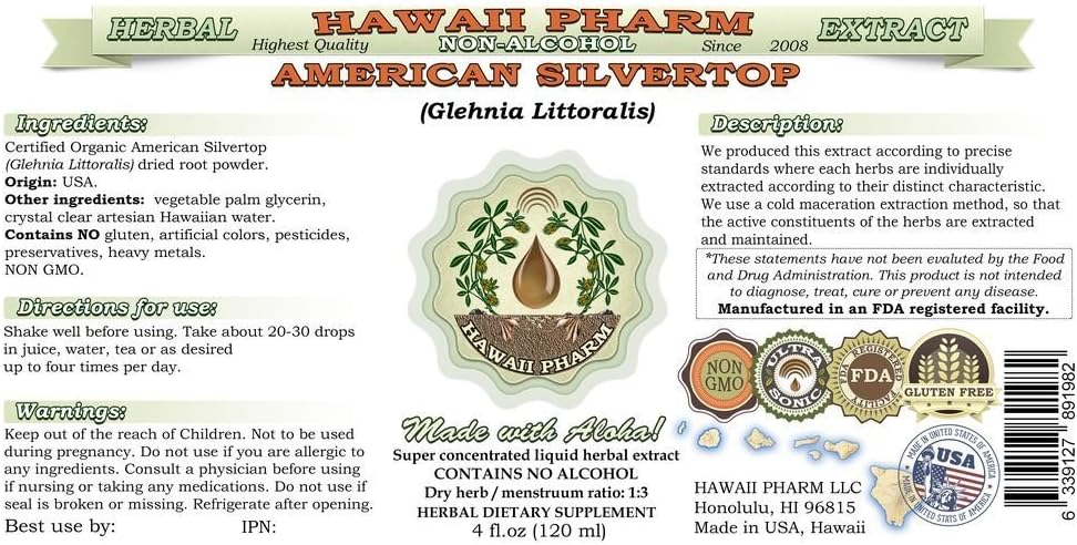 Hawaii Pharm American Silvertop Alcohol-Free Liquid Extract, American Silvertop (Glehnia Littoralis) Dried Root Glycerite Natural Herbal Supplement 4 oz