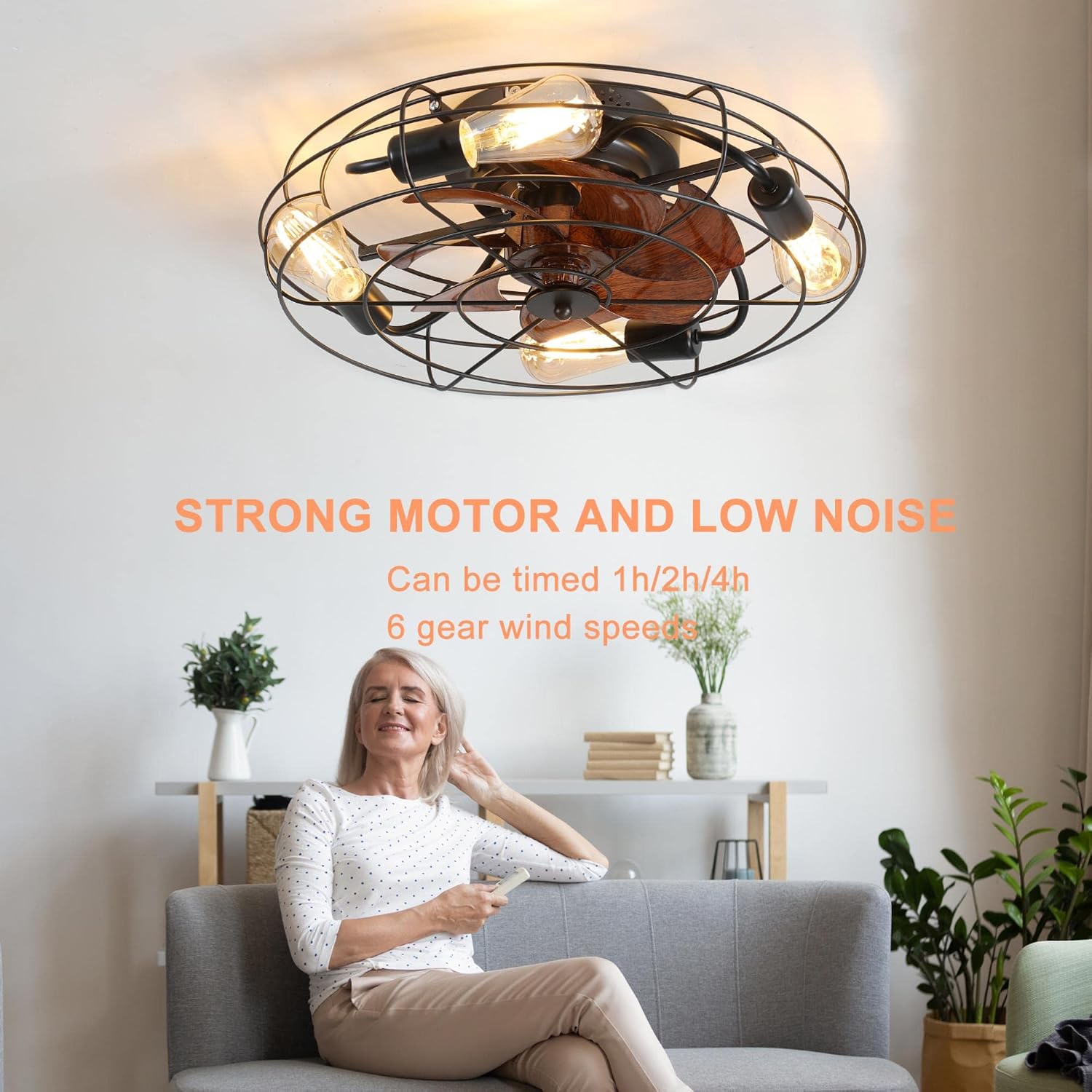 20" Caged Ceiling Fans with Lights and Remote,Flush Mount Low Profile Bladeless Ceiling Fan Low Profile,Small Farmhouse Industrial Enclosed Ceiling Fan For Bedroom,Kitchen (Oval-5 fan-28W)