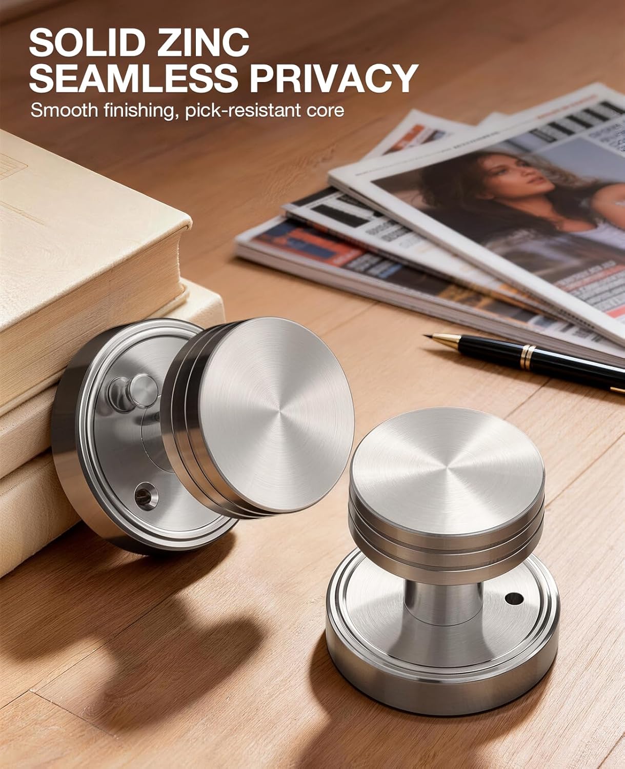 Privacy Satin Nickel Door Knobs Heavy Duty Zinc Alloy Round Interior Door Knobs with Lock,for Bathroom & Bedroom, Modern Vintage Privacy Lockset with Emergency Release, 1 Pack