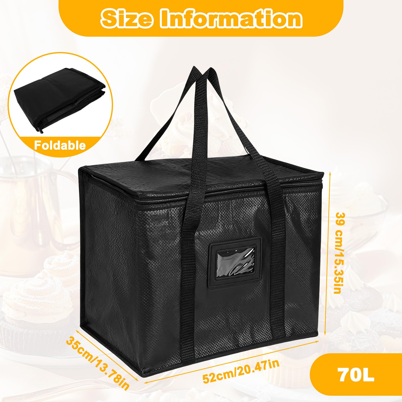 Borsa Termica Alimenti Grande 70L con Cerniera, Borse Isolate per Consegna della Pizza Riutilizzabili, Borsa Frigo Cibo Caldo o Freddo Pieghevole, Sacchetti Refrigerati per Campeggio, Barbecue, Picnic