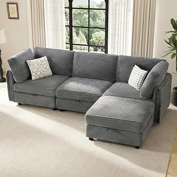 KKL Modular Sectional Sofa L-Shaped 4 Seater Couch with Storage Ottoman, Plush Wide-Wale Corduroy Couch for Living Room, Apartment, Modern Design, Gray