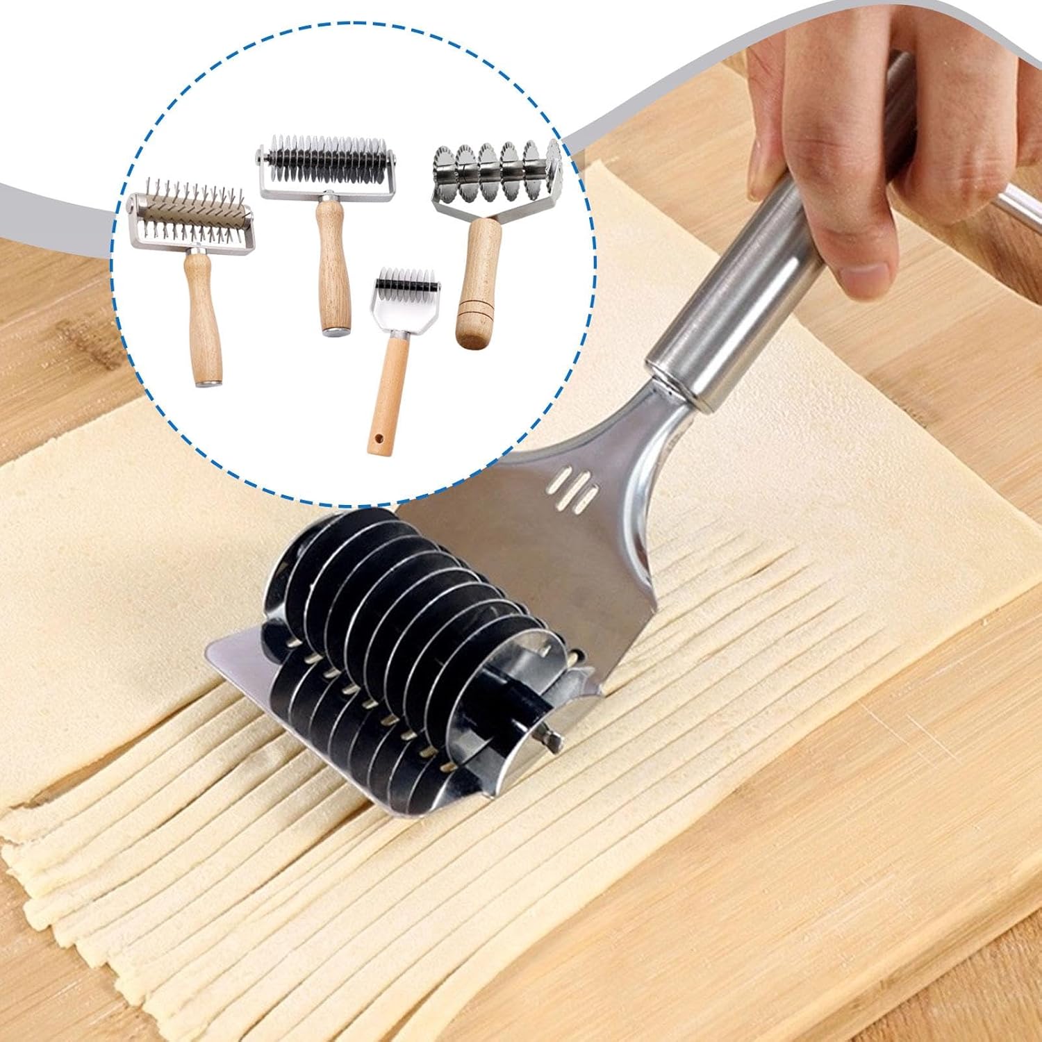 4Pcs Lattice Roller Pastry Cutter with Wood Handle Docker Rolling Noodle for Homemade Pasta Pizza Pastries