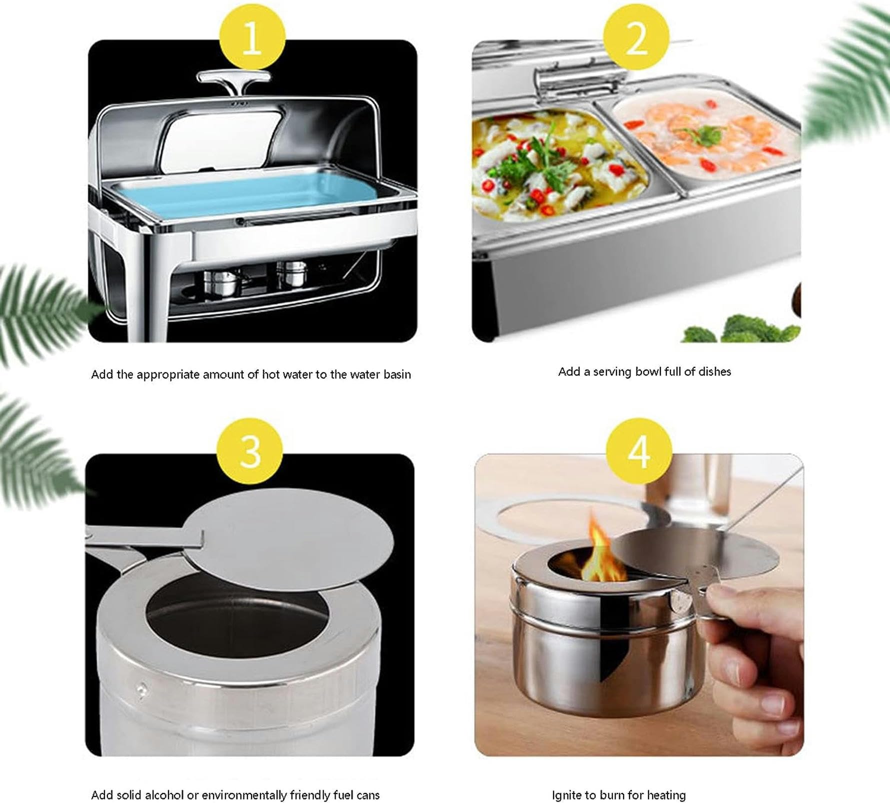 Speisenwärmer für Catering-Events – Speisenwärmer für Partybuffets, rechteckiges Rolltop-Hot-Pot-Buffet-Set, Wassertöpfe, heiße Pfannen, Bankett, Weihnachts-Catering-Speisenwärmer (Silberoptik