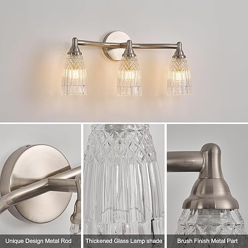 Miniatura 7 de HDDFL Lámpara de baño de níquel cepillado, 3 luces, moderno aplique de pared de vidrio para dormitorio, baño, sala de estar, pasillo