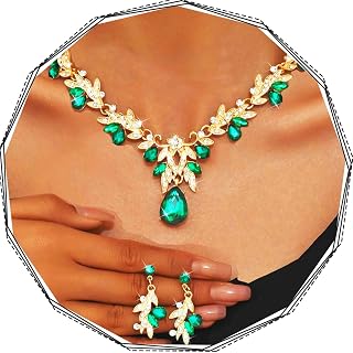 Green Necklace and Earring Set Rhinestone Formal Wedding Jewelry Sets for Women