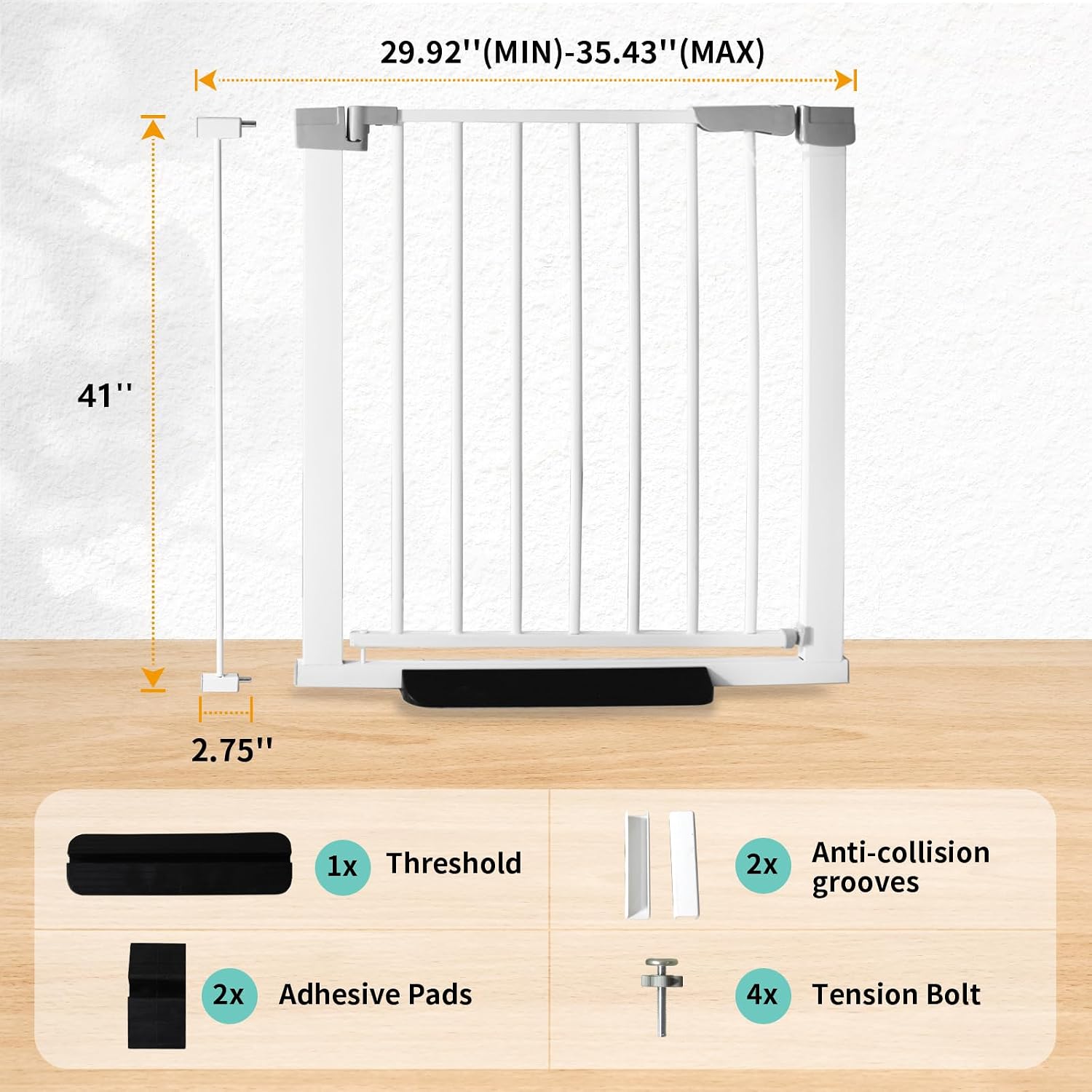 41 Inch Tall Baby Gate Auto Close Dog Gate Adjustable 29.92"-35.43" Wide Pressure Mounted Walk Through Swing Pet Gate for Doorways (White, 29.92"-35.43" Wide)
