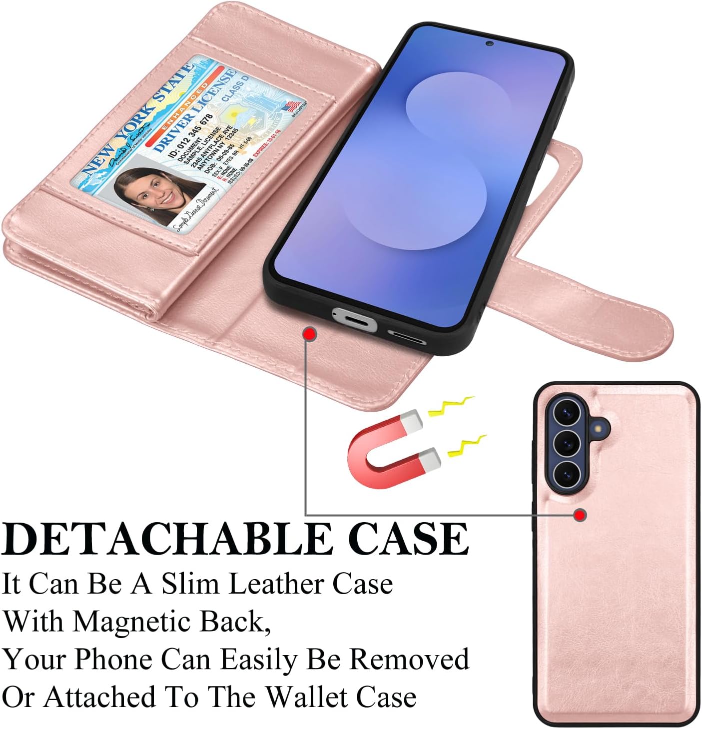 Wallet Case for Samsung Galaxy S25 FE 5G, Galaxy S25 FE 5G Case, [9 Card Slots] PU Leather Folio Flip Cover Credit Card Holder Detachable Magnetic Phone Case Kickstand & Lanyard Strap-Rose Gold image 4