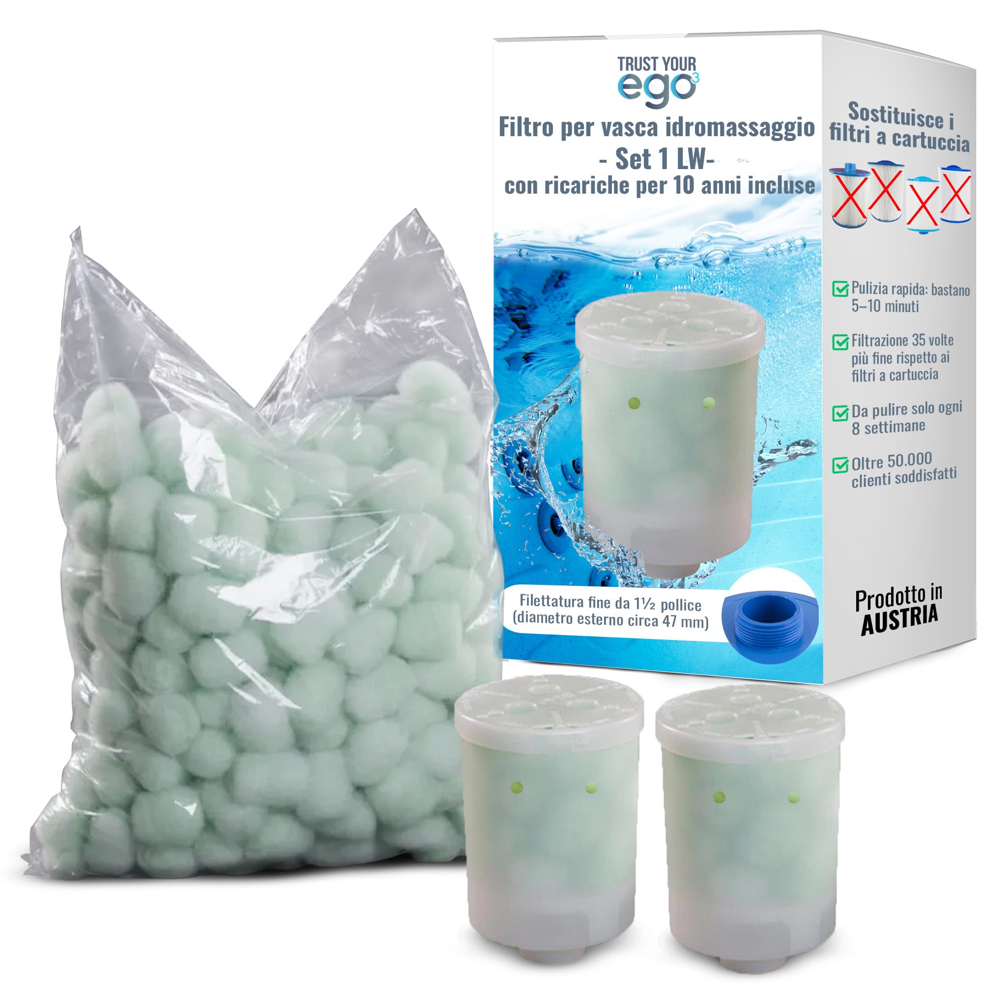 EGO3 Set filtri Vasca idromassaggio 1 LW 1½" Filetto fine + 10 ricariche – sostituisce filtri a Cartuccia Vasca idromassaggio – 300g Palline filtranti – Made in EU (2 contenitori + 300g)