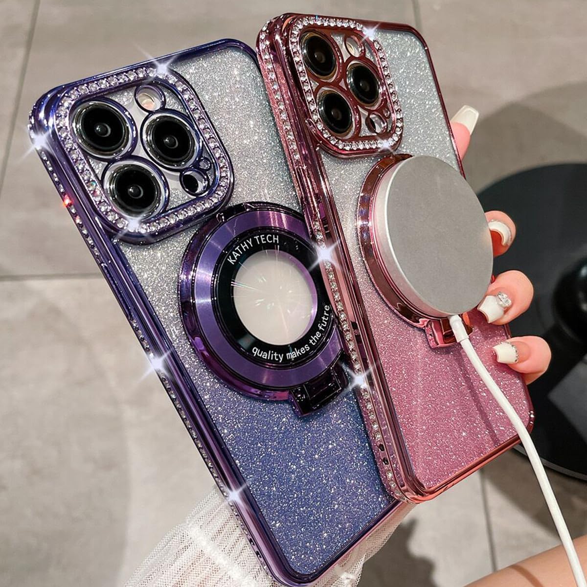 Magnetic Kickstand Glitter Case for iPhone 15 Pro Max, [Compatible with Magsafe] Luxury Bling Sparkly Diamond Rhinestones with Camera Protector Women Girls Case for iPhone 15 Pro Max (Silver) - Image 4